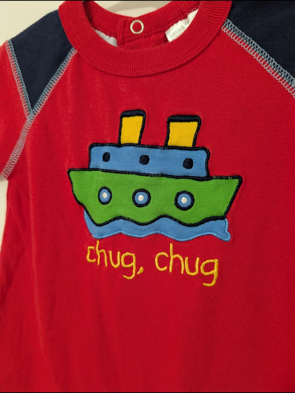 💥3/$24 Vintage Red Baby Romper with Boat‎ Applique and Navy Accents